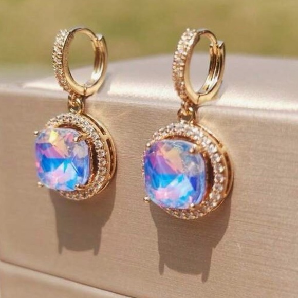 Glam Purple Milky Opalite, Round Cubic Zirconia Iridescent Gold tone Earrings - Picture 4 of 10